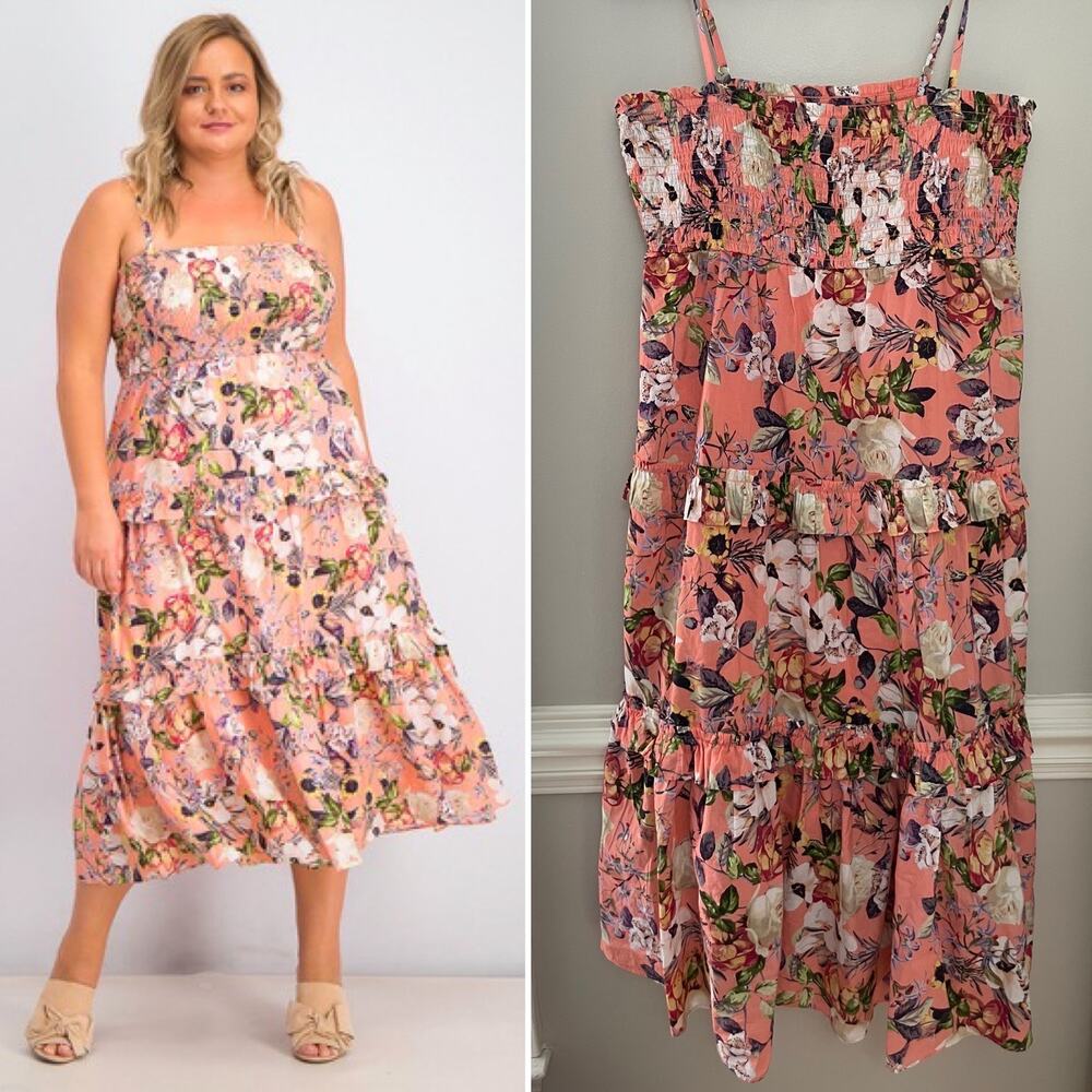 NWT INC 100% Cotton Smocked Top Girly Floral Ruffle‎ Midi Dress XL